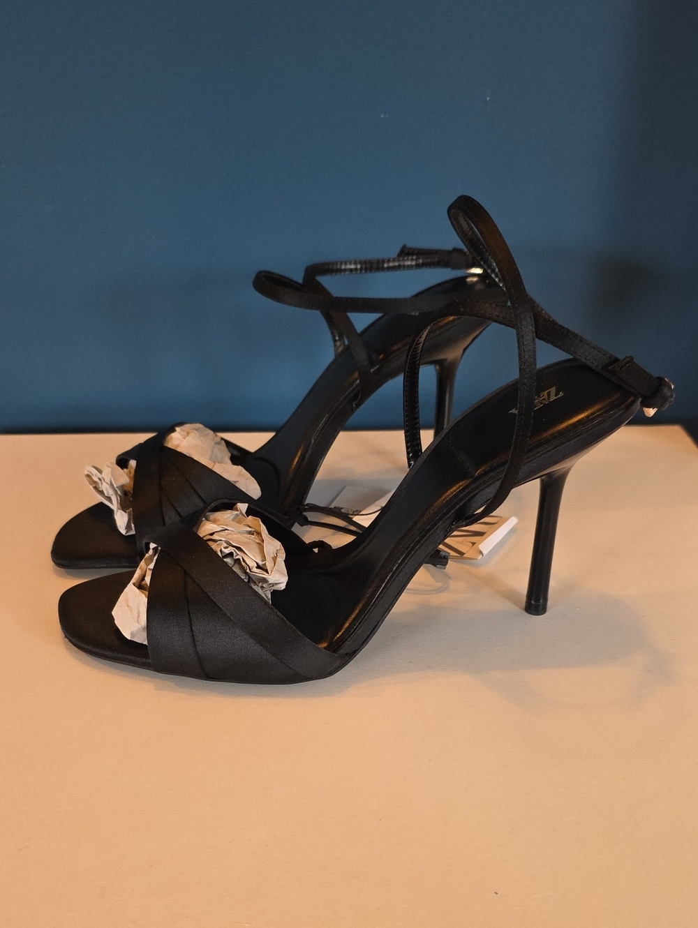 Zara Black Satin Open-Toe Stiletto Heels